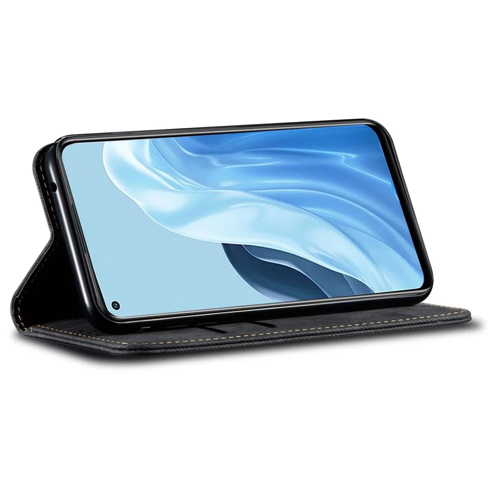 For OnePlus Nord CE 3 Lite 5G / Nord N30 5G / Oppo K11x 5G Leather Wallet Case Anti-scratch Jeans Cloth Texture Phone Stand Cover - Black - 3