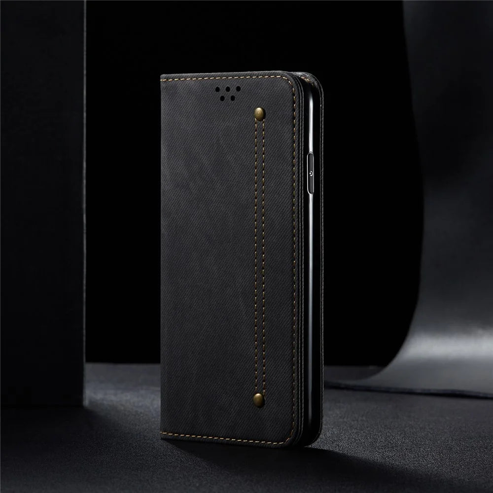 For OnePlus Nord CE 3 Lite 5G / Nord N30 5G / Oppo K11x 5G Leather Wallet Case Anti-scratch Jeans Cloth Texture Phone Stand Cover - Black - 5