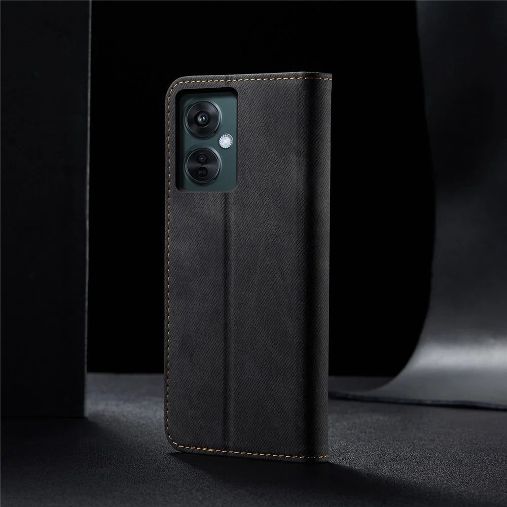 For OnePlus Nord CE 3 Lite 5G / Nord N30 5G / Oppo K11x 5G Leather Wallet Case Anti-scratch Jeans Cloth Texture Phone Stand Cover - Black - 6