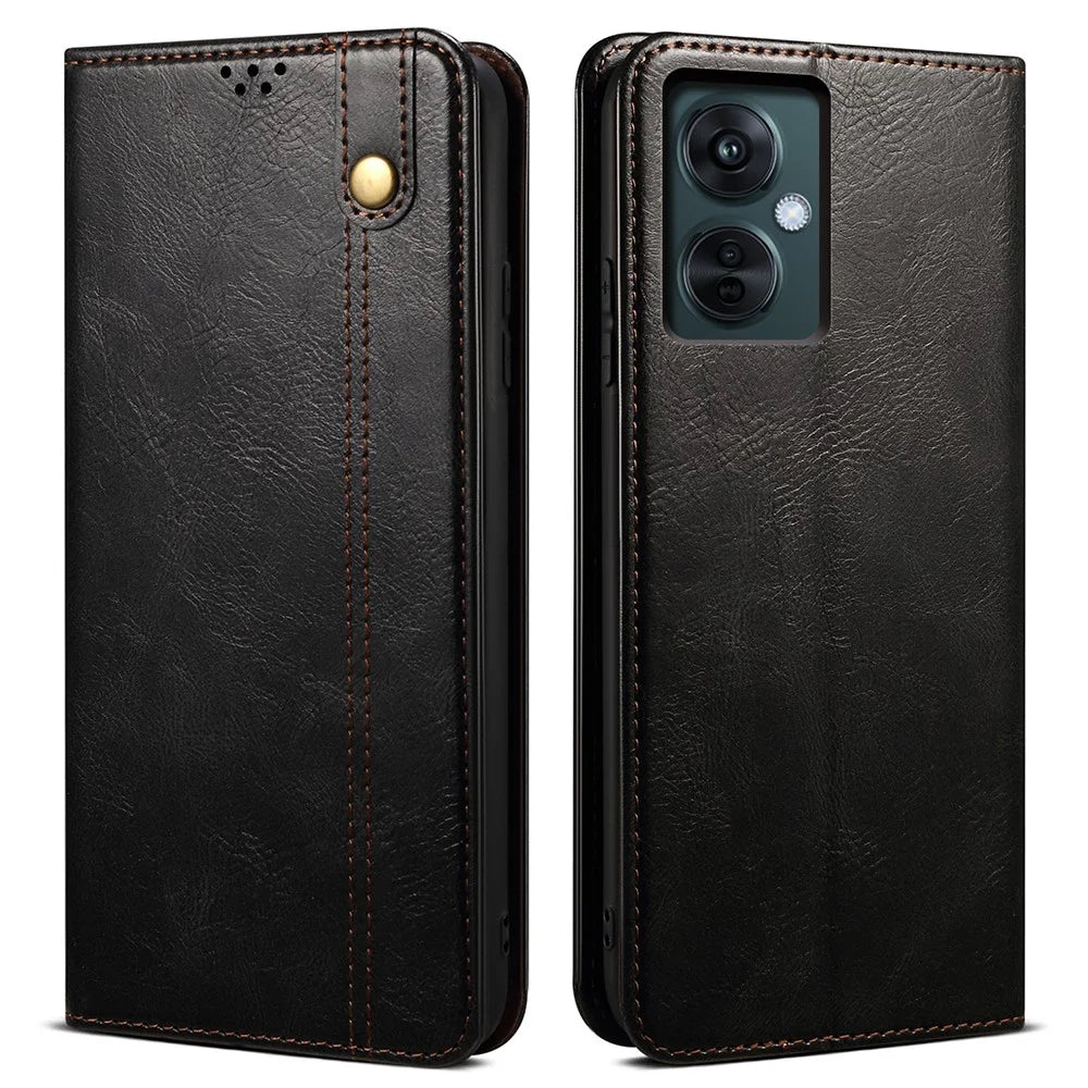 For OnePlus Nord CE 3 Lite 5G / Nord N30 5G / Oppo K11x 5G Waxy Crazy Horse Texture Leather Case Stand Wallet Phone Cover - Black - 1