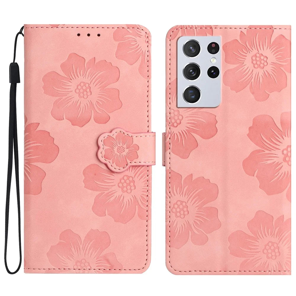 Cell Phone Cover Shell for Samsung Galaxy S21 Ultra 5G , Stand Flowers Imprinted PU Leather Wallet Case - Pink - 1