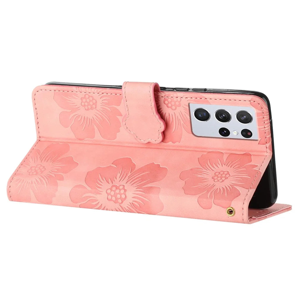 Cell Phone Cover Shell for Samsung Galaxy S21 Ultra 5G , Stand Flowers Imprinted PU Leather Wallet Case - Pink - 3