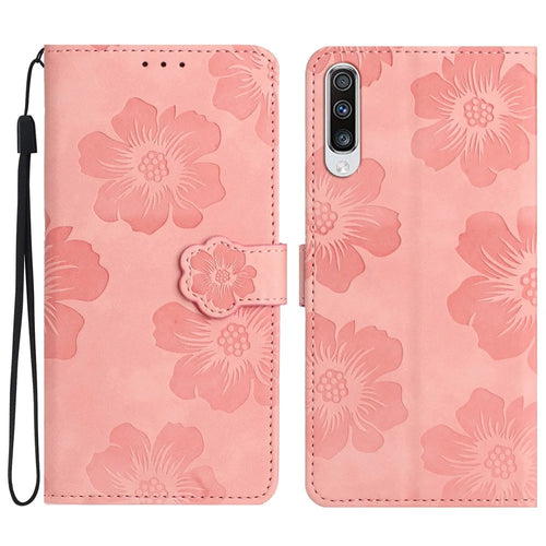 For Samsung Galaxy A50 / A50s / A30s Flowers Imprinted Leather Phone Cover Wallet Stand Case with Strap - Pink - 1