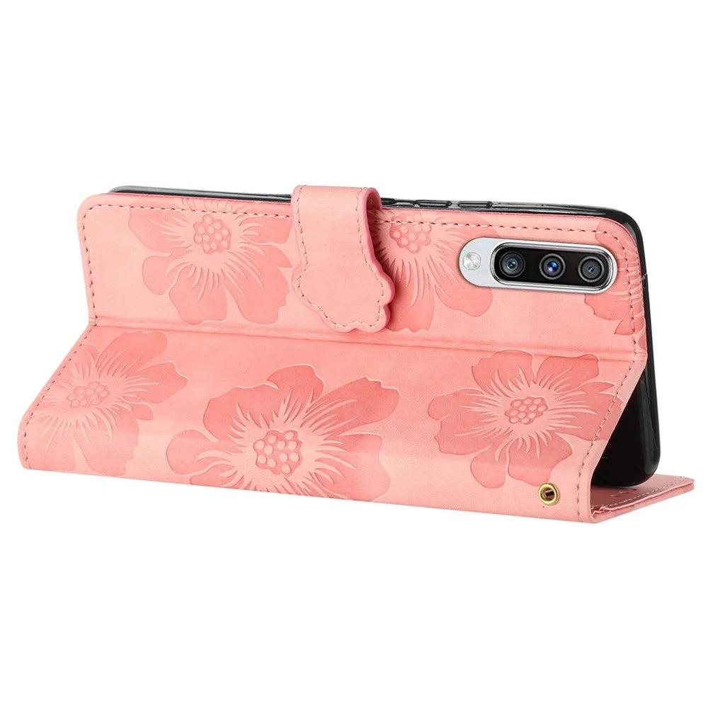 For Samsung Galaxy A50 / A50s / A30s Flowers Imprinted Leather Phone Cover Wallet Stand Case with Strap - Pink - 3