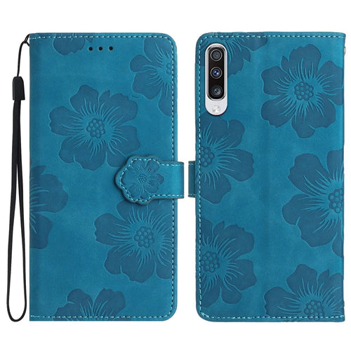 For Samsung Galaxy A70 Flowers Imprinted Anti-fingerprint Stand Leather Case Wallet Phone Cover - Blue - 1