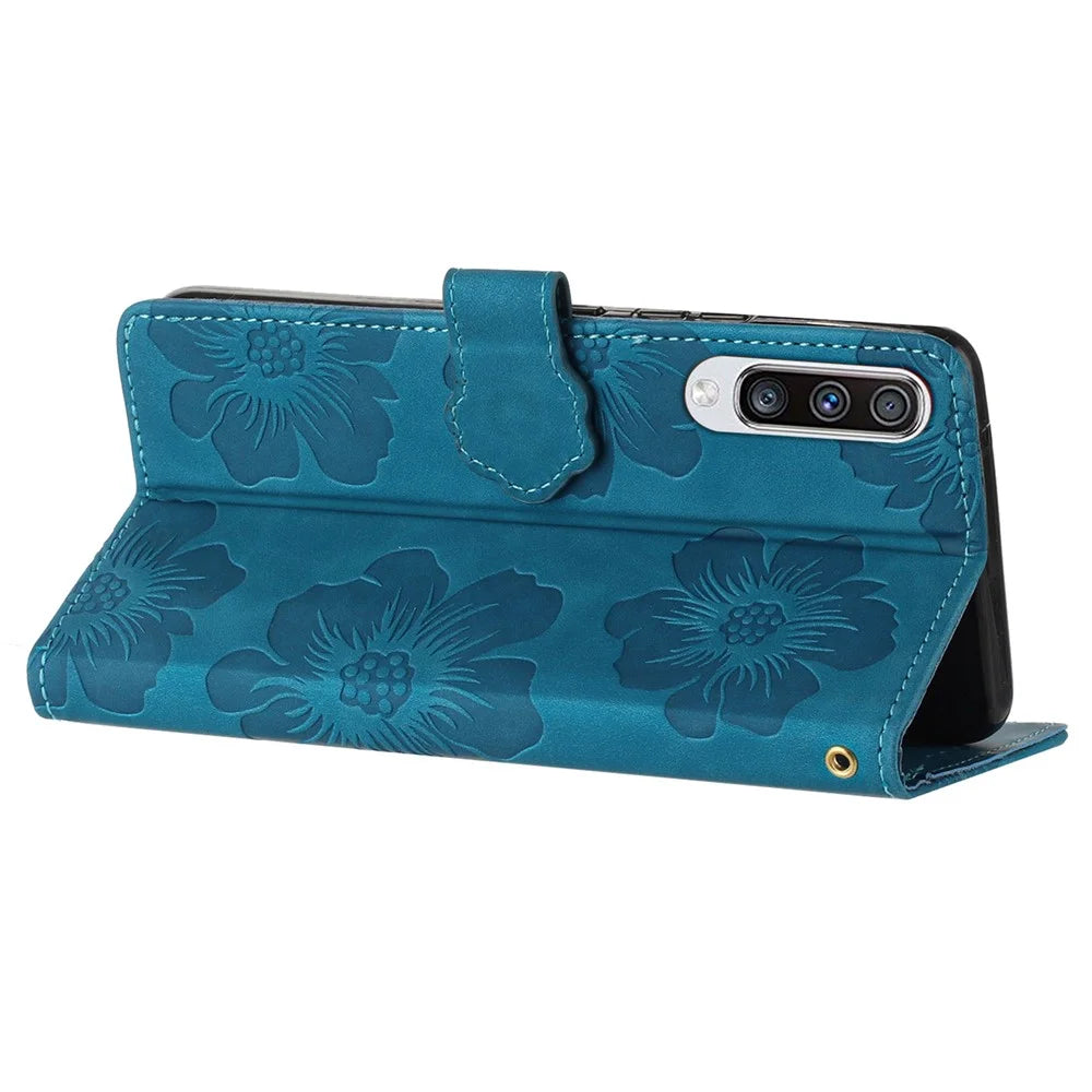 For Samsung Galaxy A70 Flowers Imprinted Anti-fingerprint Stand Leather Case Wallet Phone Cover - Blue - 3