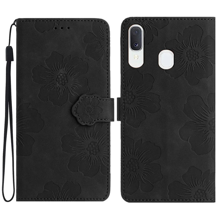 Shockproof Cover for Samsung Galaxy A40 Flowers Imprinted Stand Phone Wallet Leather Case - Black - 1