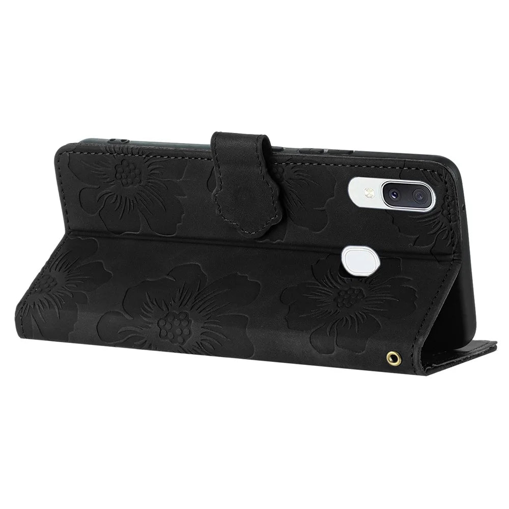 Shockproof Cover for Samsung Galaxy A40 Flowers Imprinted Stand Phone Wallet Leather Case - Black - 3