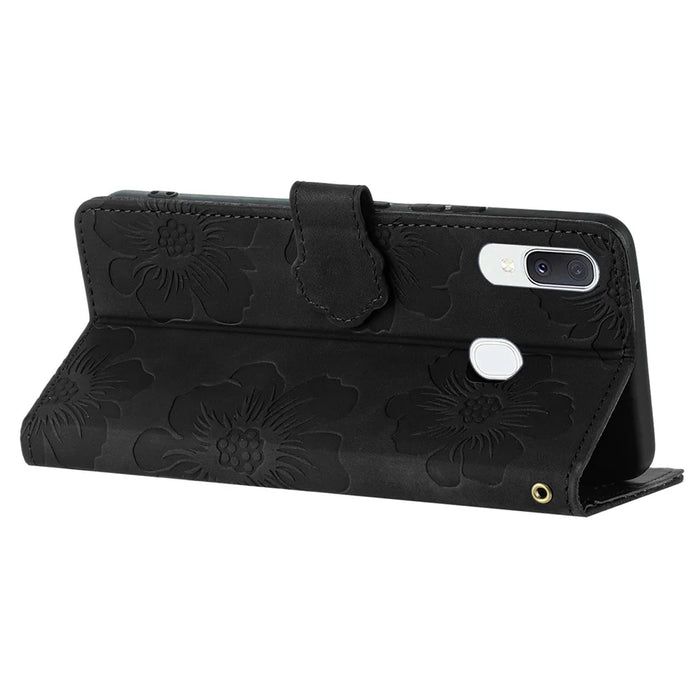 Shockproof Cover for Samsung Galaxy A40 Flowers Imprinted Stand Phone Wallet Leather Case - Black - 3