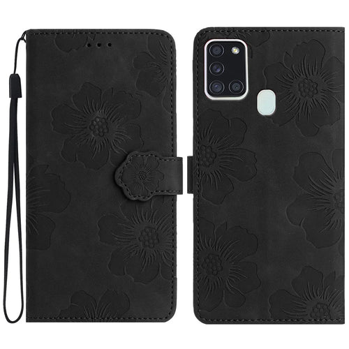 For Samsung Galaxy A21s Flowers Imprint Leather Wallet Case Folding Stand Phone Cover - Black - 1