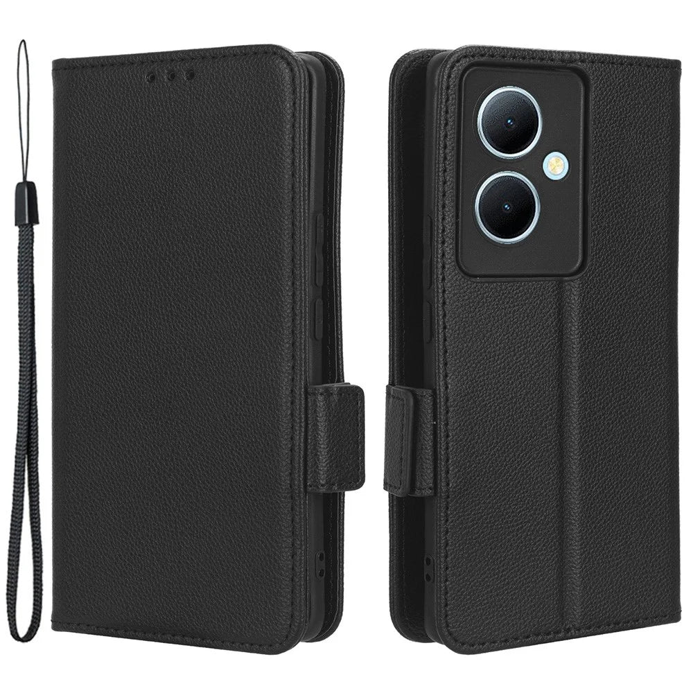 For vivo Y78+ 5G / Y78 5G / V29 Lite 5G Litchi Texture Magnetic Clasp Phone Case PU Leather Wallet Stand Cover - Black - 1