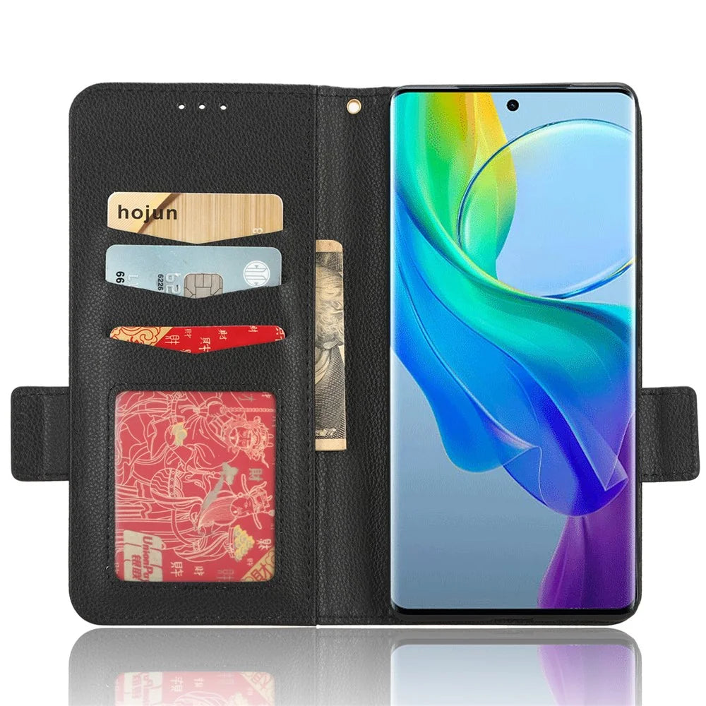 For vivo Y78+ 5G / Y78 5G / V29 Lite 5G Litchi Texture Magnetic Clasp Phone Case PU Leather Wallet Stand Cover - Black - 2