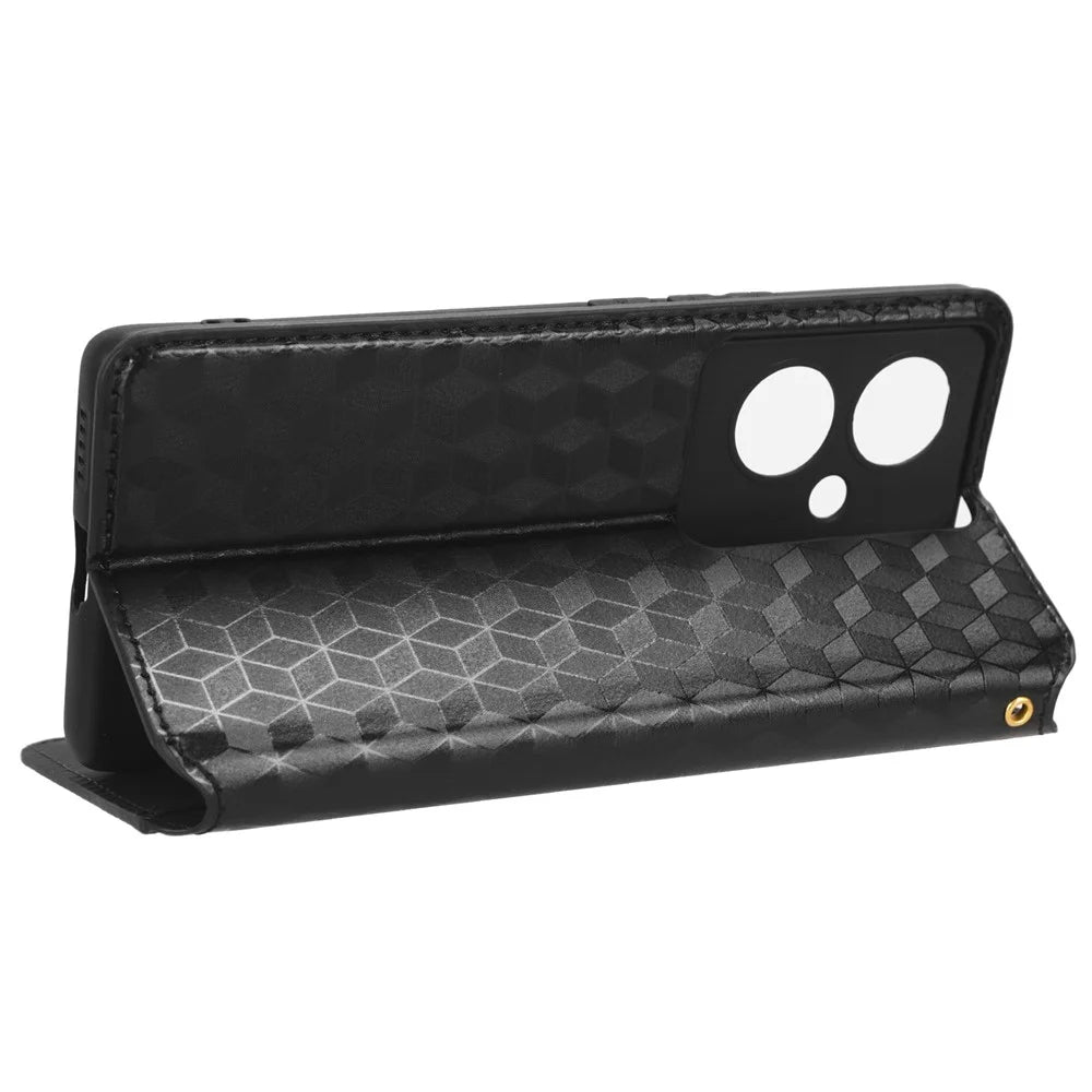 For vivo Y78 5G / Y78+ 5G / V29 Lite 5G Rhombus Imprinted Shell PU Leather Stand Shockproof Case Phone Cover - Black - 3