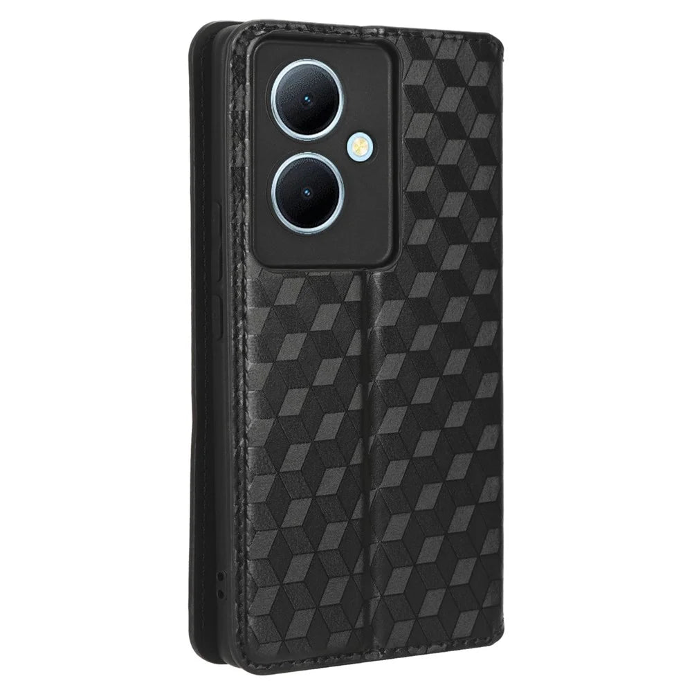 For vivo Y78 5G / Y78+ 5G / V29 Lite 5G Rhombus Imprinted Shell PU Leather Stand Shockproof Case Phone Cover - Black - 6