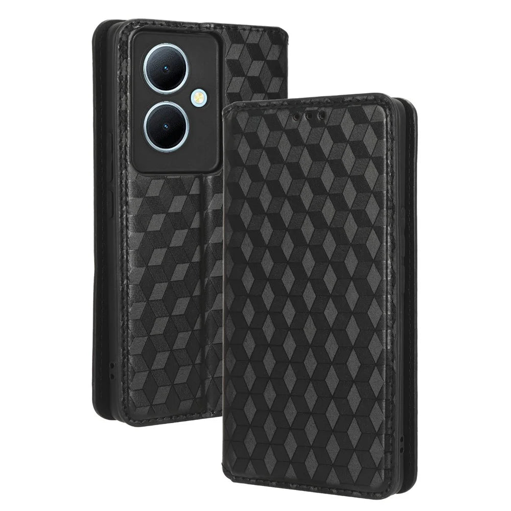 For vivo Y78 5G / Y78+ 5G / V29 Lite 5G Rhombus Imprinted Shell PU Leather Stand Shockproof Case Phone Cover - Black - 7