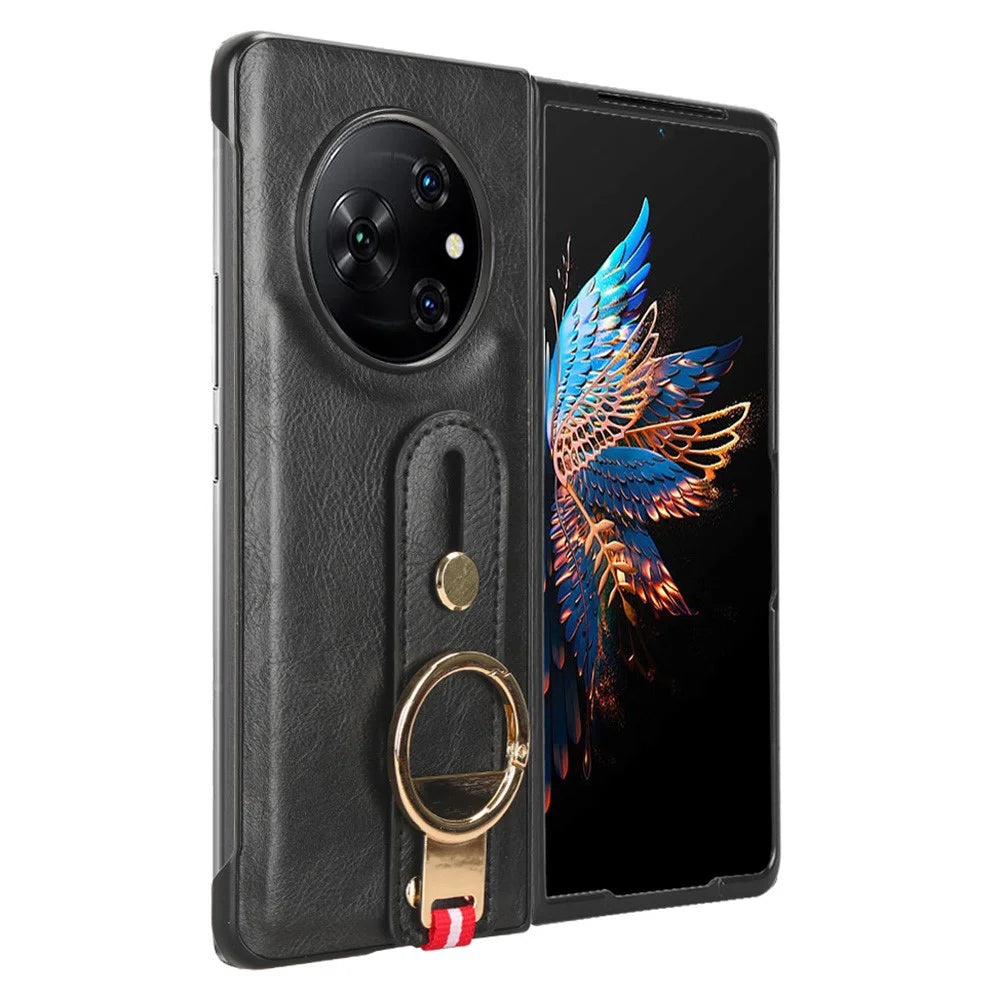 For TECNO Phantom V Fold Phone Shell Leather Coating PC+TPU Wristband Kickstand Cover with Neck Strap - Black - 3
