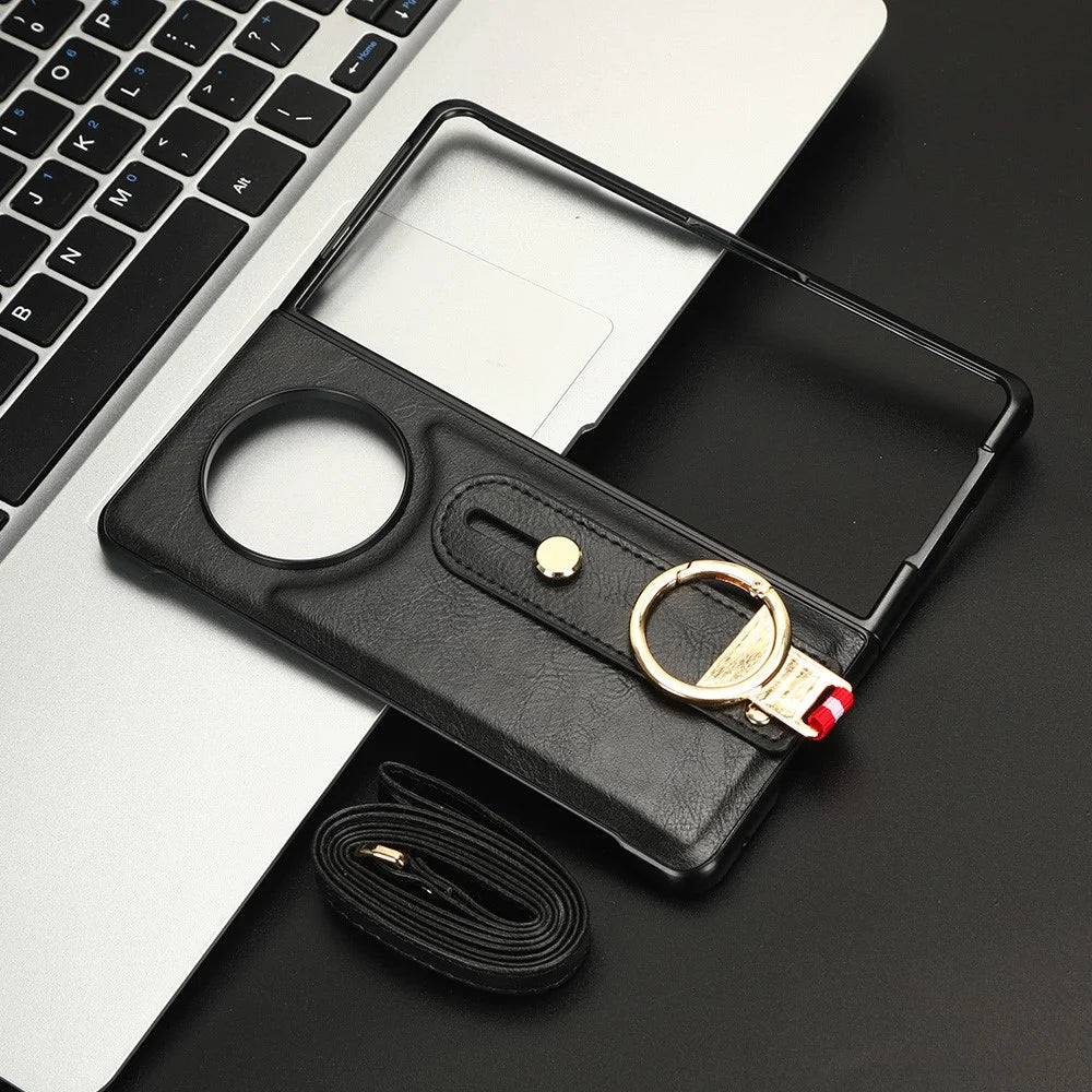 For TECNO Phantom V Fold Phone Shell Leather Coating PC+TPU Wristband Kickstand Cover with Neck Strap - Black - 5