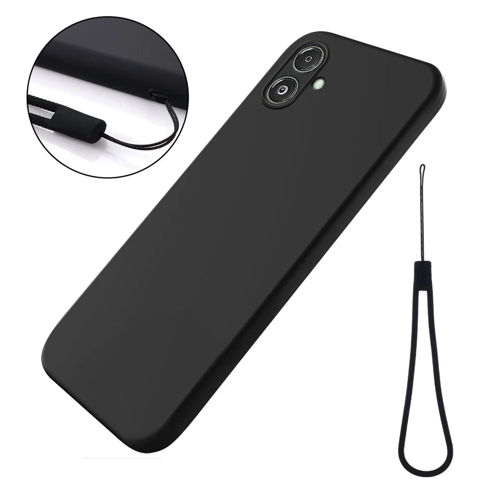 For Samsung Galaxy F14 5G Anti-Dust Liquid Silicone Phone Cover Soft Lining Phone Case with Strap - Black - 1
