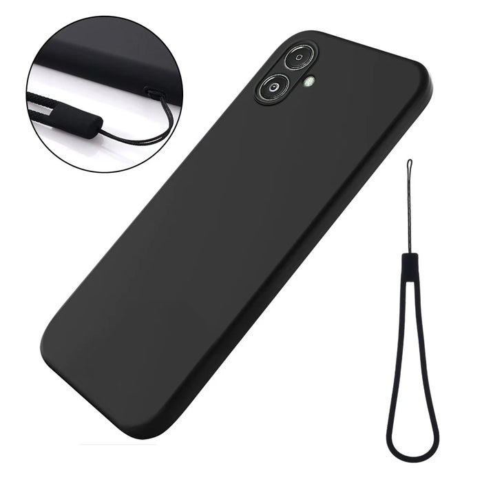 For Samsung Galaxy F14 5G Anti-Dust Liquid Silicone Phone Cover Soft Lining Phone Case with Strap - Black - 1