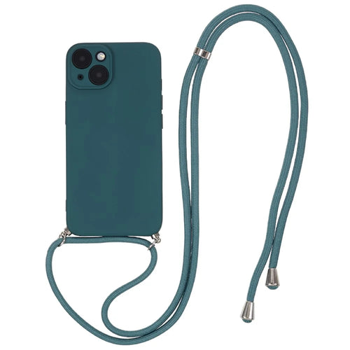 For iPhone 13 TPU Case Fiber Lining Anti-scratch Phone Cover with Long Lanyard - Army Green - 1