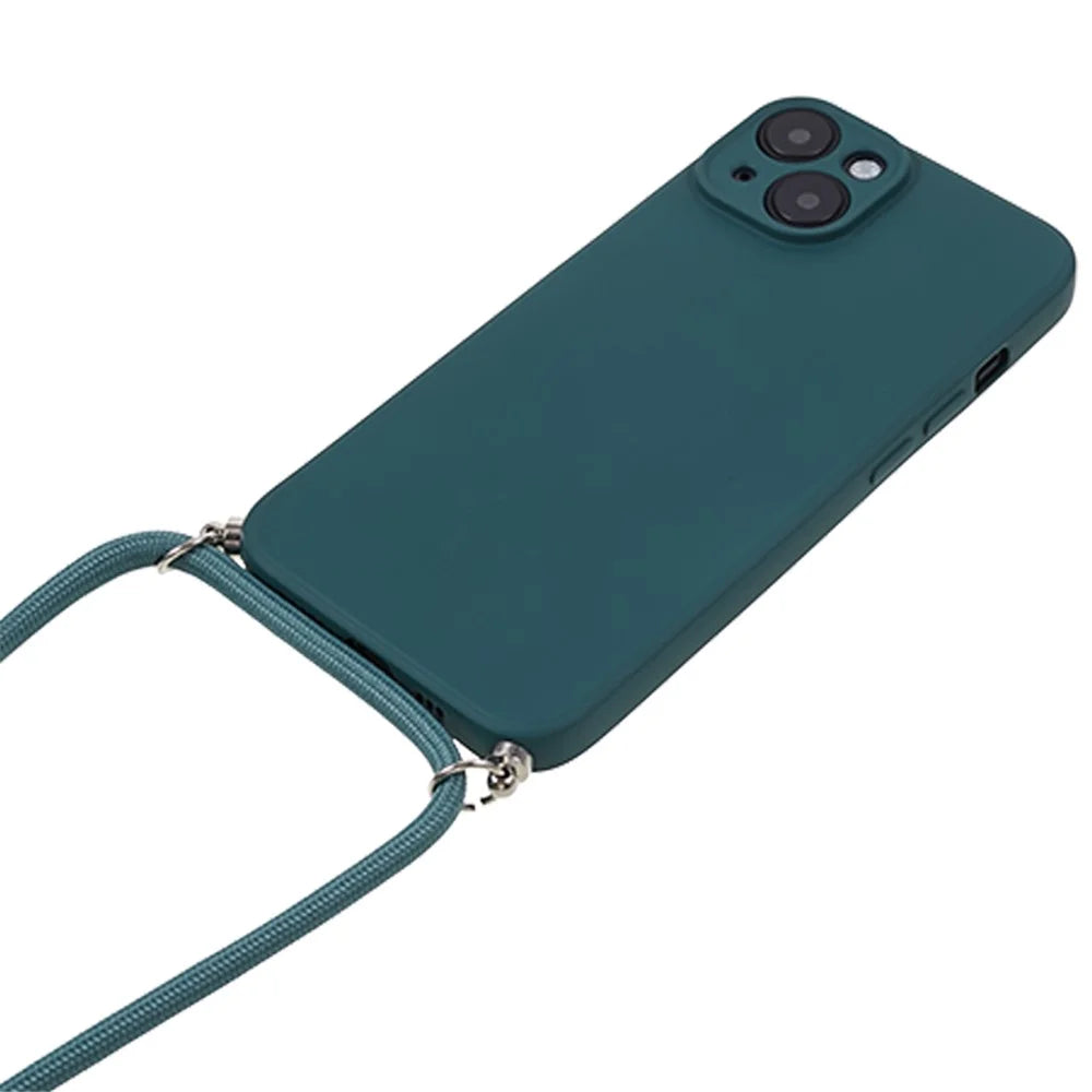 For iPhone 13 TPU Case Fiber Lining Anti-scratch Phone Cover with Long Lanyard - Army Green - 2