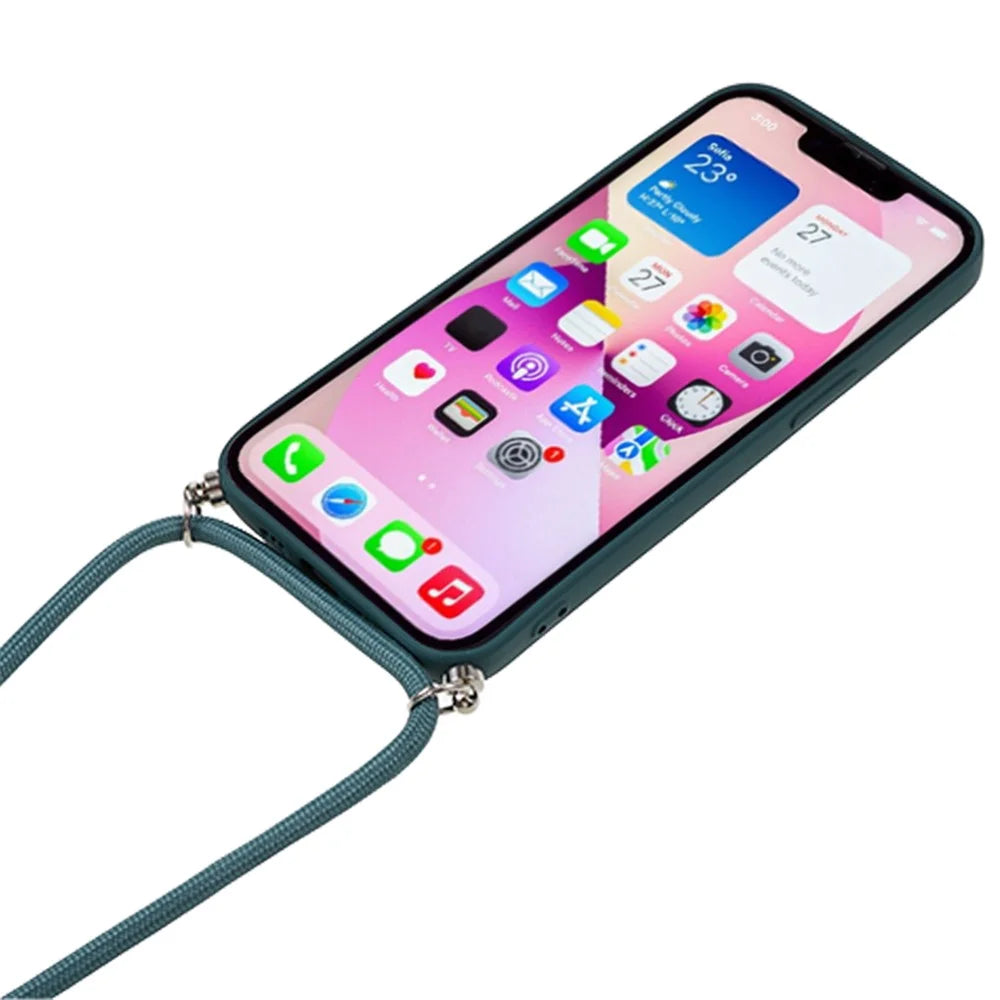 For iPhone 13 TPU Case Fiber Lining Anti-scratch Phone Cover with Long Lanyard - Army Green - 3
