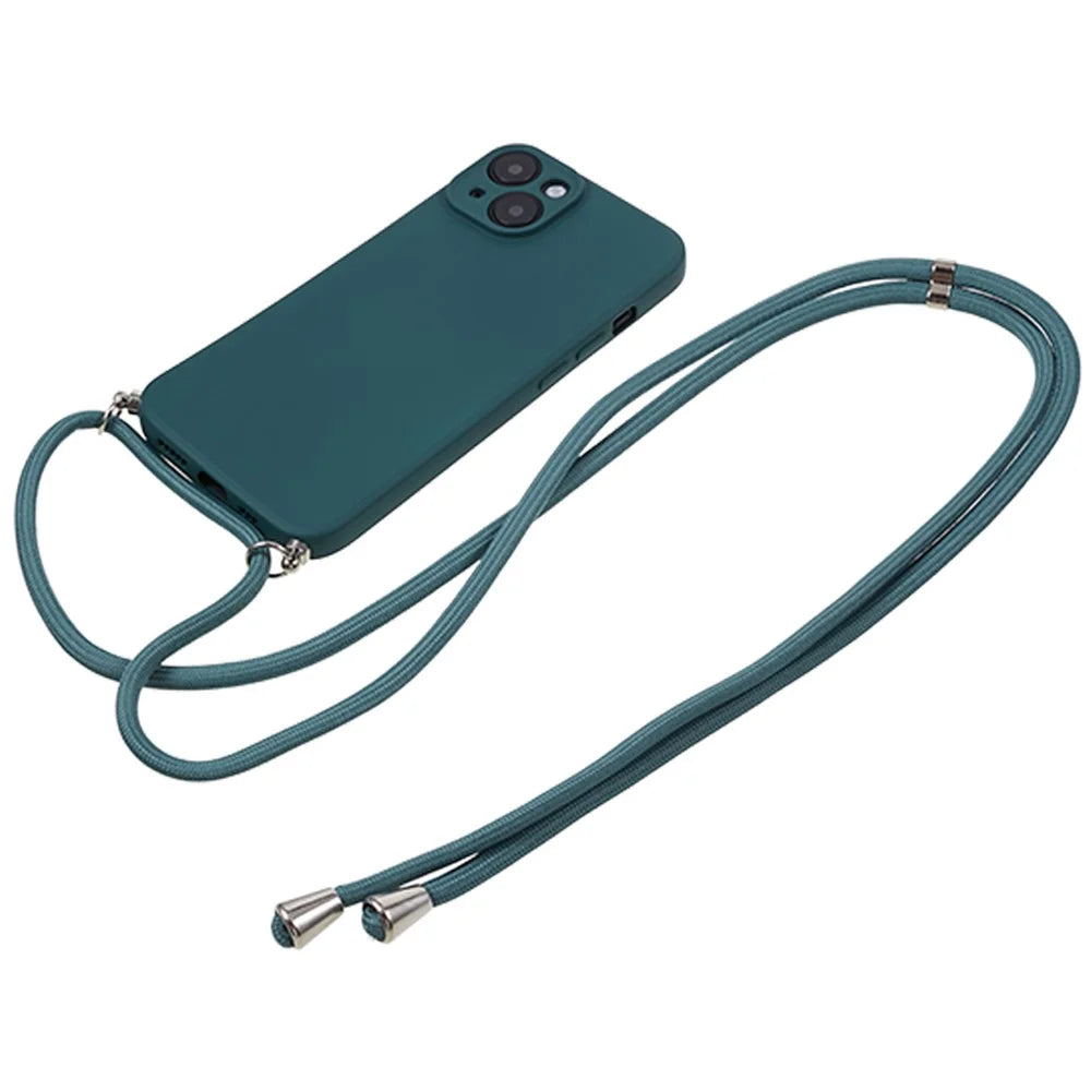 For iPhone 13 TPU Case Fiber Lining Anti-scratch Phone Cover with Long Lanyard - Army Green - 7