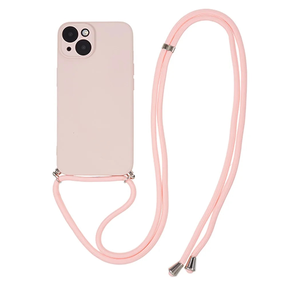 For iPhone 14 Case Rubberized TPU Smartphone Back Cover with Long Lanyard - Pink - 1