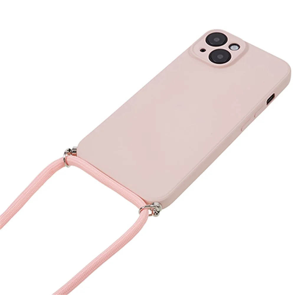 For iPhone 14 Case Rubberized TPU Smartphone Back Cover with Long Lanyard - Pink - 2