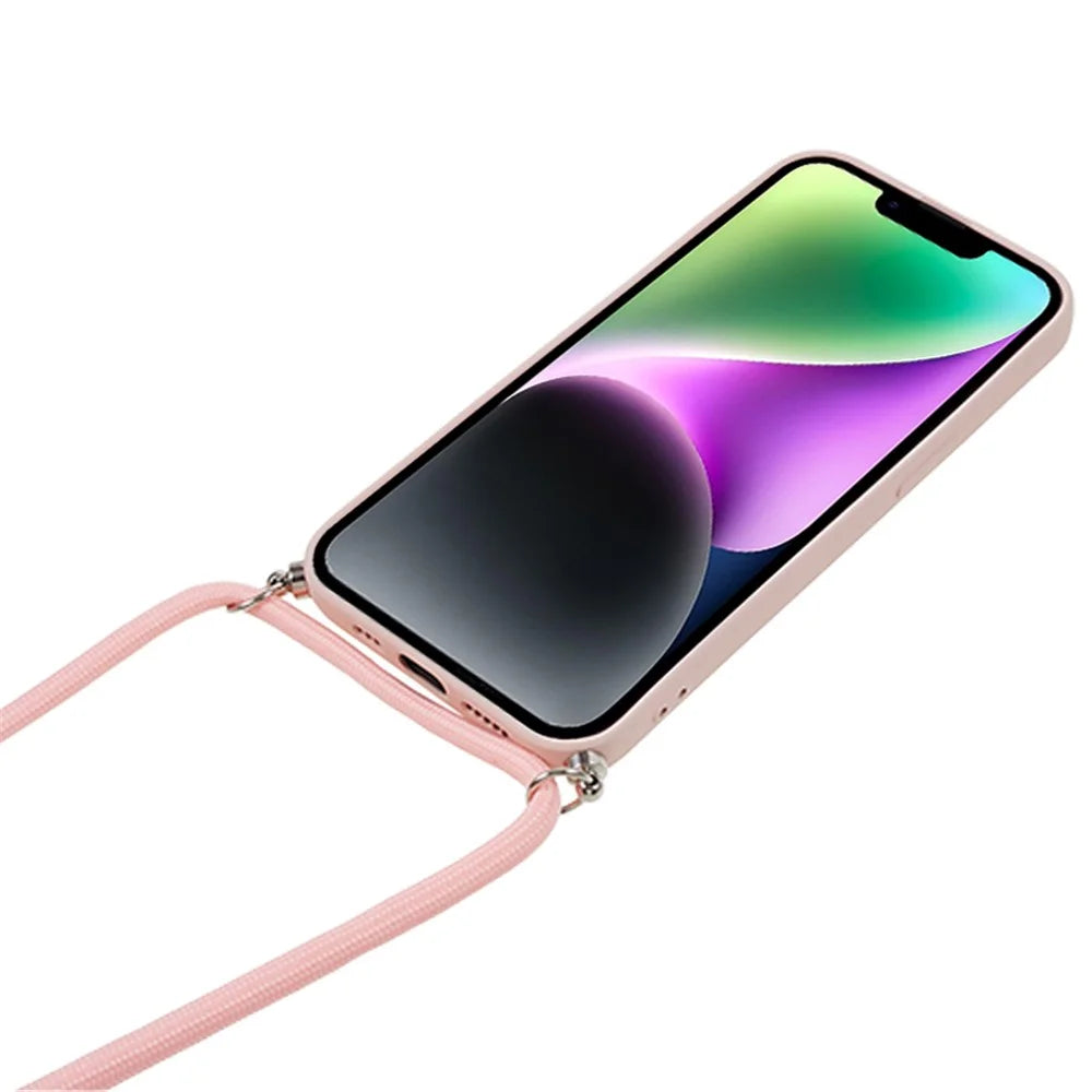 For iPhone 14 Case Rubberized TPU Smartphone Back Cover with Long Lanyard - Pink - 3