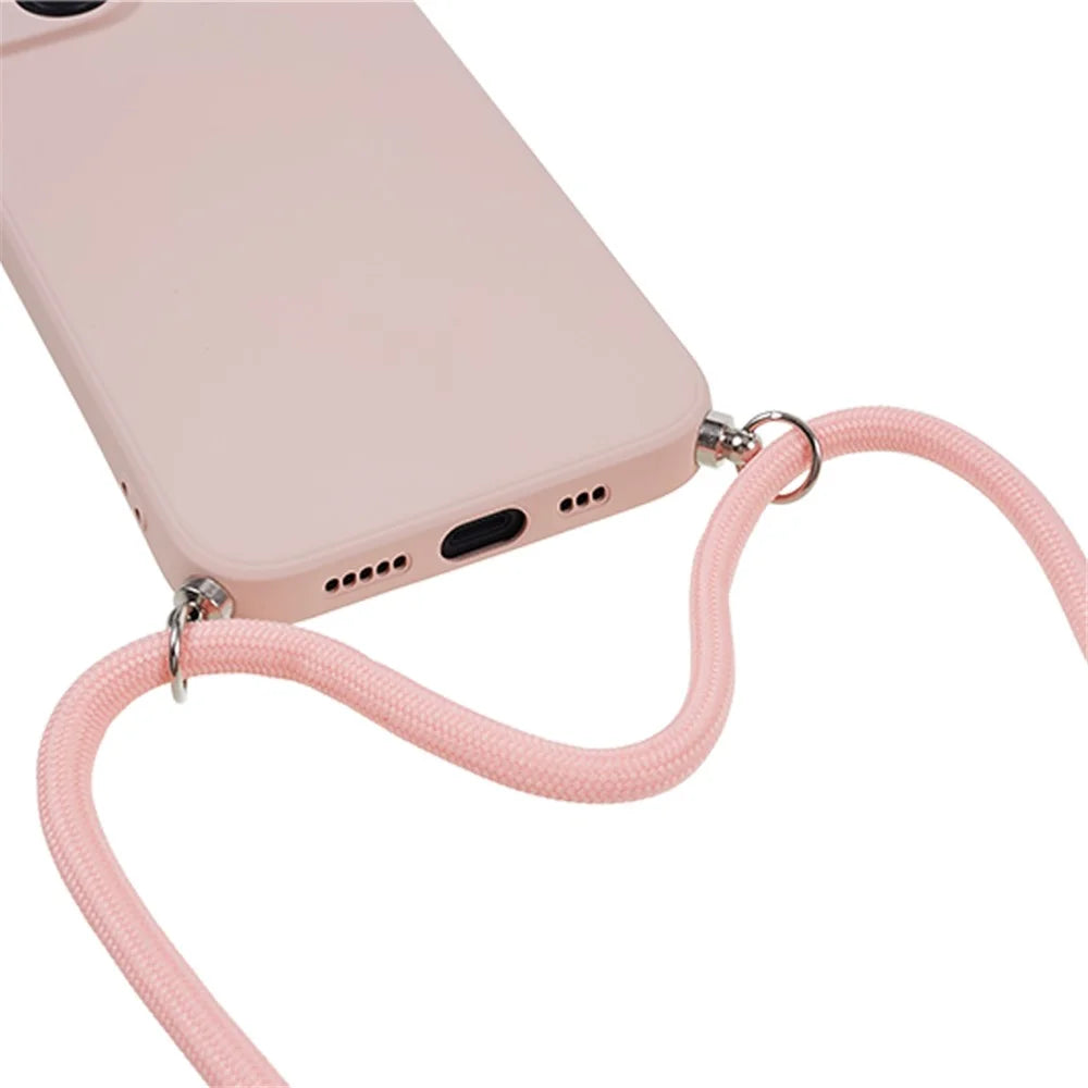 For iPhone 14 Case Rubberized TPU Smartphone Back Cover with Long Lanyard - Pink - 4