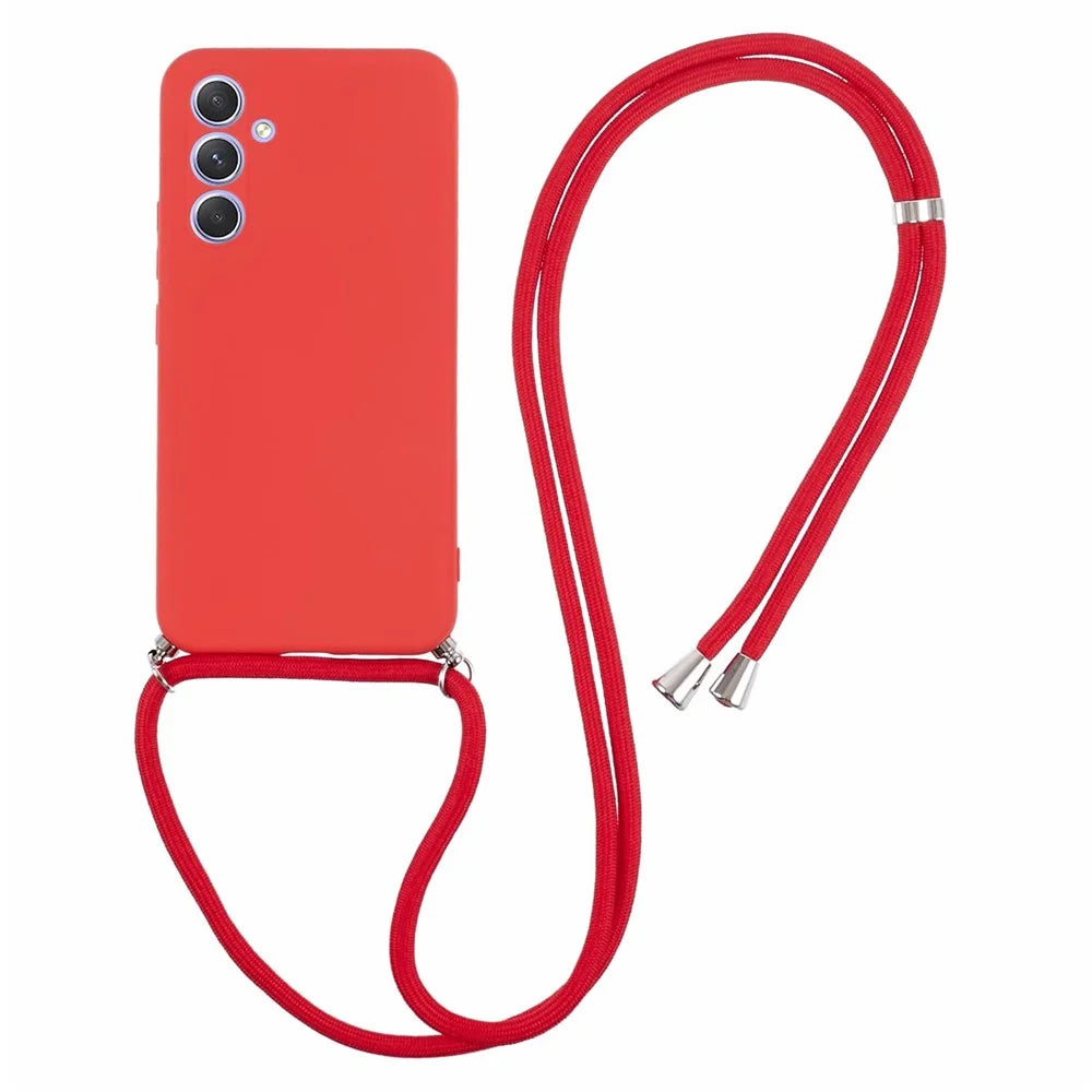 For Samsung Galaxy A54 5G TPU Case Fiber Lining Rubberized Cover with Long Lanyard - Red - 1