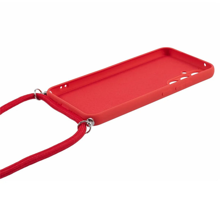 For Samsung Galaxy A54 5G TPU Case Fiber Lining Rubberized Cover with Long Lanyard - Red - 4