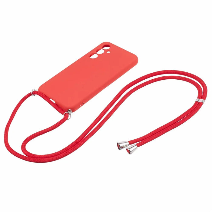 For Samsung Galaxy A14 5G / A14 4G Case Fiber Lining Rubberized TPU Cover with Long Lanyard - Red - 2