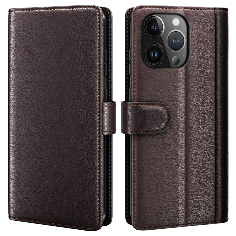 For iPhone 15 Pro Max Case Genuine Split Leather Phone Cover with Wallet Stand - Brown - 1