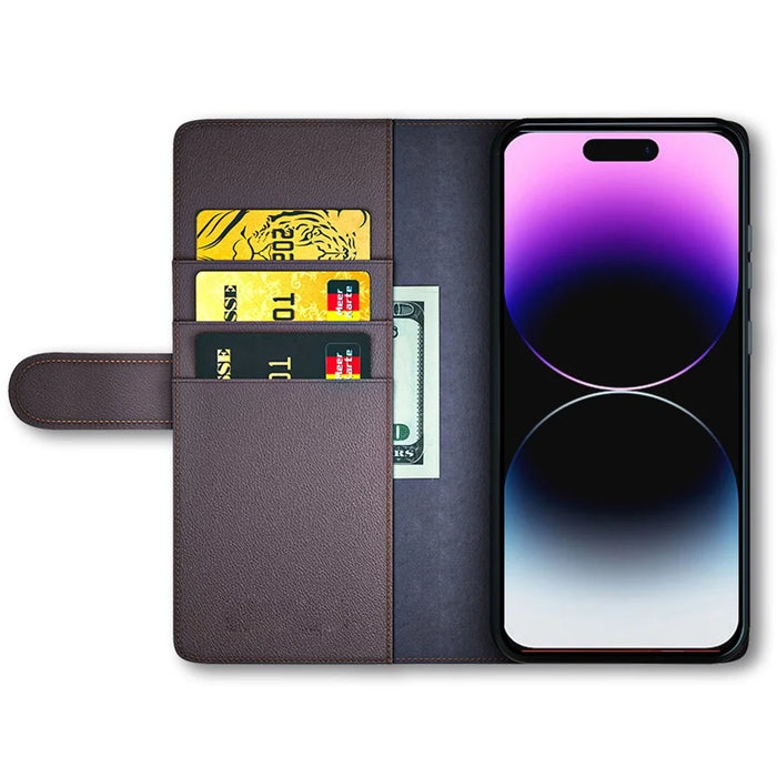 For iPhone 15 Pro Max Case Genuine Split Leather Phone Cover with Wallet Stand - Brown - 2
