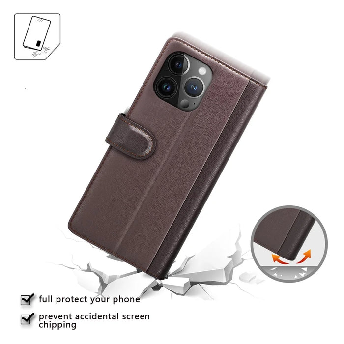 For iPhone 15 Pro Max Case Genuine Split Leather Phone Cover with Wallet Stand - Brown - 4