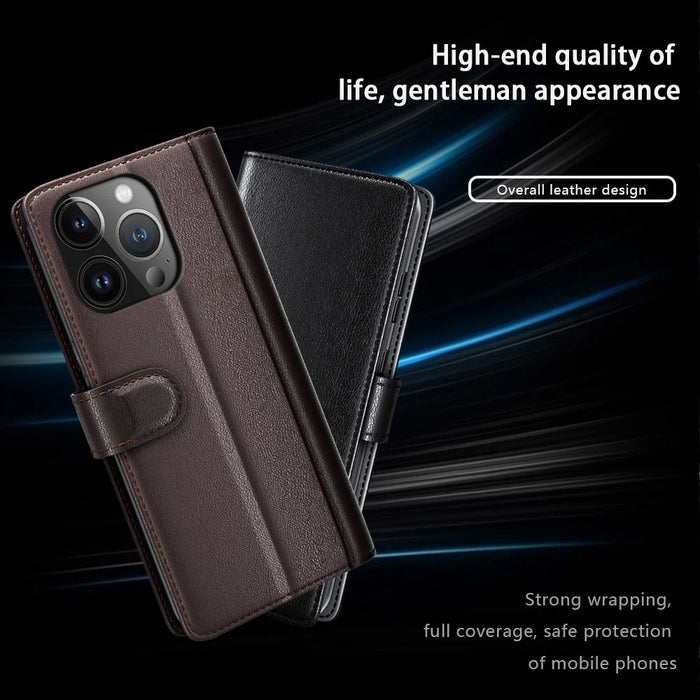 For iPhone 15 Pro Max Case Genuine Split Leather Phone Cover with Wallet Stand - Brown - 6