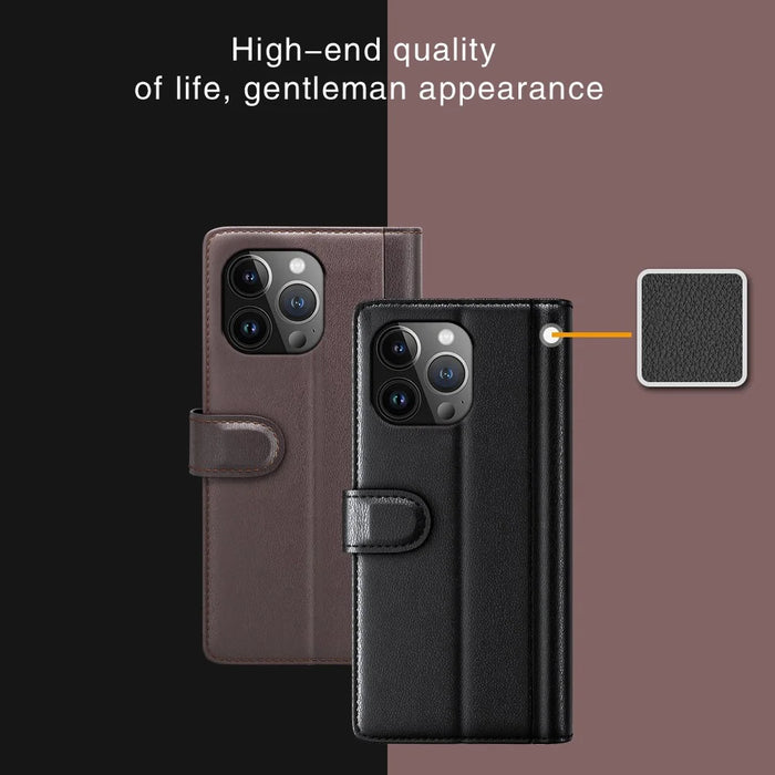 For iPhone 15 Pro Max Case Genuine Split Leather Phone Cover with Wallet Stand - Brown - 7