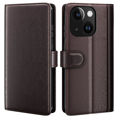 For iPhone 15 Plus Case Genuine Split Leather Phone Cover with Wallet Stand - Brown - 1