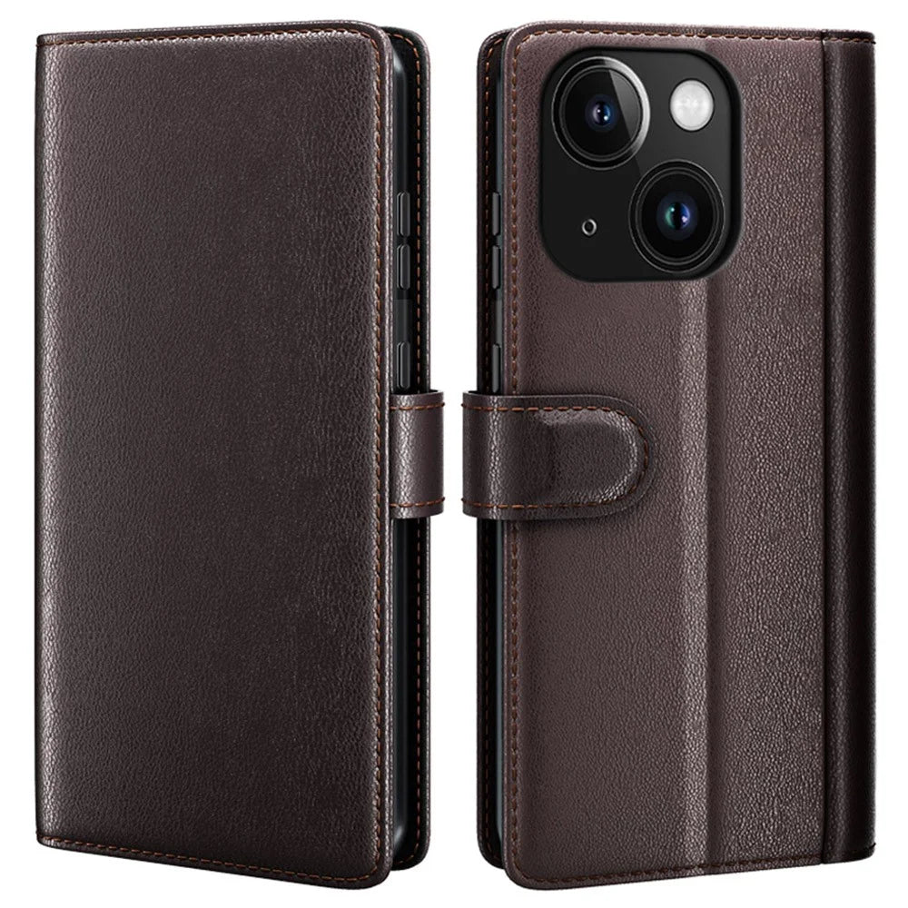 For iPhone 15 Plus Case Genuine Split Leather Phone Cover with Wallet Stand - Brown - 1