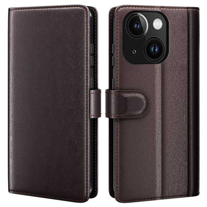 For iPhone 15 Plus Case Genuine Split Leather Phone Cover with Wallet Stand - Brown - 1