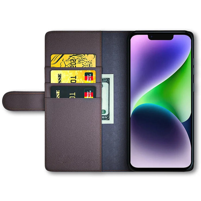 For iPhone 15 Plus Case Genuine Split Leather Phone Cover with Wallet Stand - Brown - 2