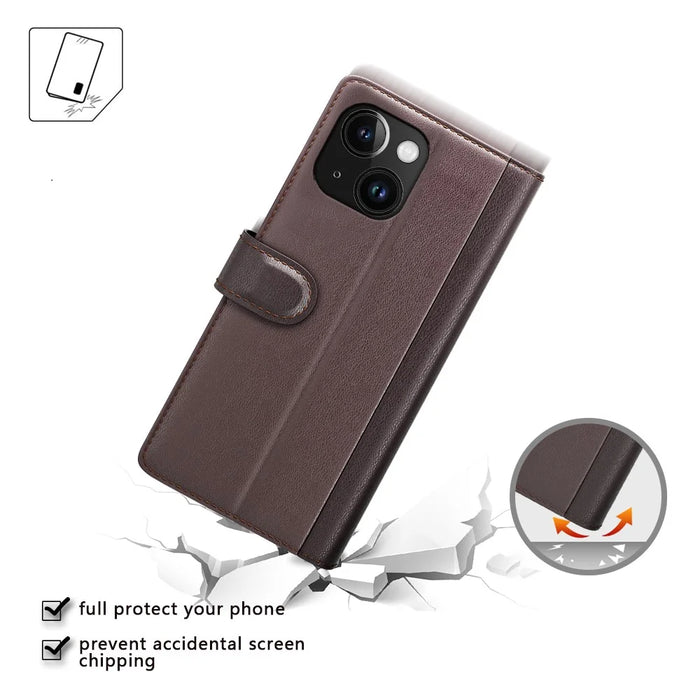 For iPhone 15 Plus Case Genuine Split Leather Phone Cover with Wallet Stand - Brown - 4