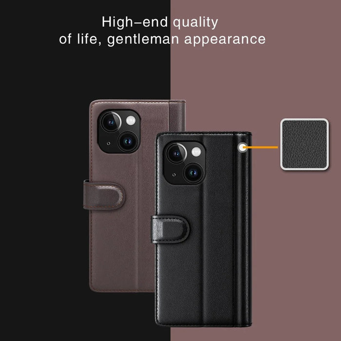 For iPhone 15 Plus Case Genuine Split Leather Phone Cover with Wallet Stand - Brown - 7