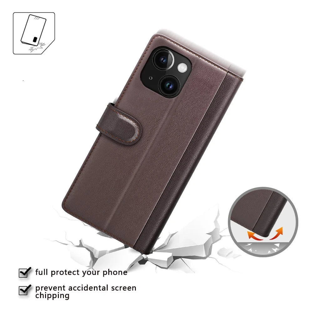 For iPhone 15 Case Genuine Split Leather Phone Cover with Wallet Stand - Brown - 4