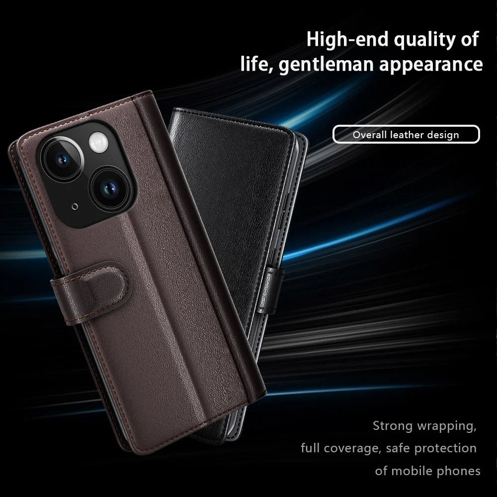 For iPhone 15 Case Genuine Split Leather Phone Cover with Wallet Stand - Brown - 6
