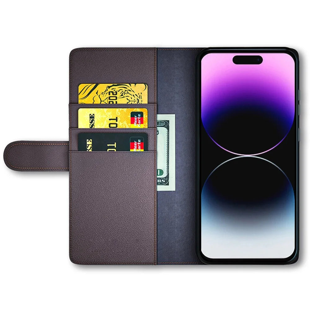 For iPhone 15 Pro Case Genuine Split Leather Phone Cover with Wallet Stand - Brown - 2
