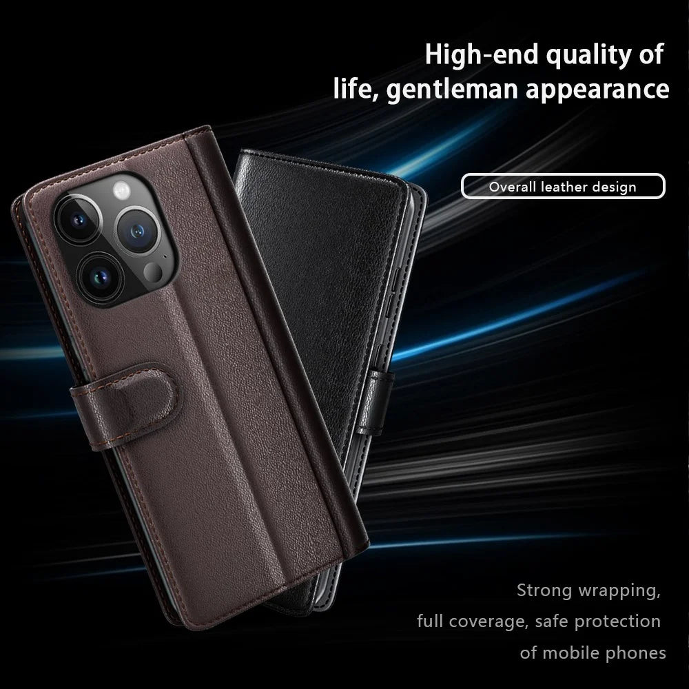 For iPhone 15 Pro Case Genuine Split Leather Phone Cover with Wallet Stand - Brown - 6