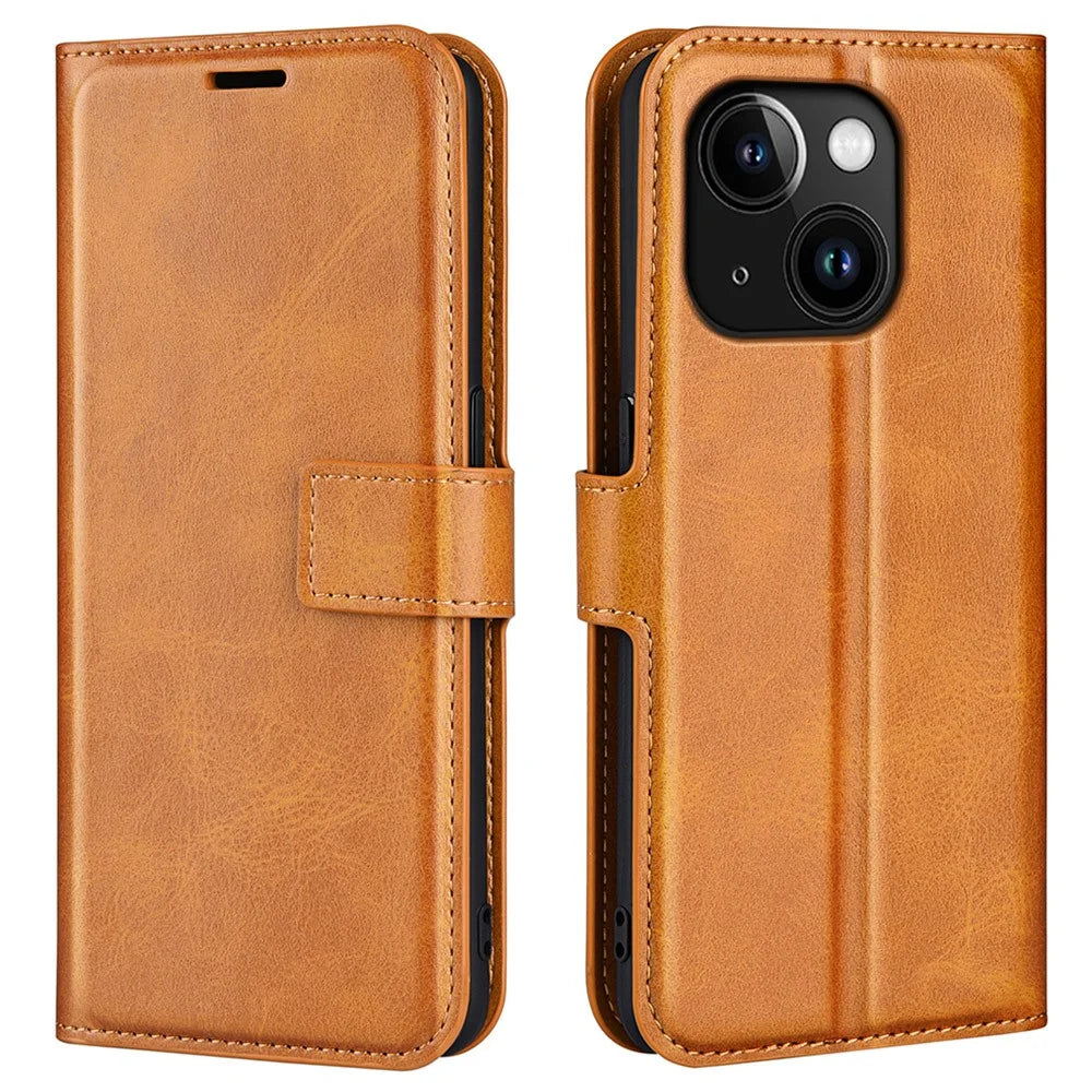 Calf Texture Leather Cover for iPhone 15 Square Magnetic Closure Stand Wallet Phone Case - Yellow - 1